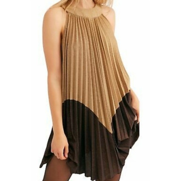 Free People Dresses & Skirts - NEW Free People Brown & Gold Pleated Dress Boho Avante Garde, S